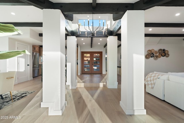 908 W Pershing Ave, Phoenix, AZ 85029 - hall with beamed ceiling, a chandelier, light wood-style flooring, recessed lighting, and french doors