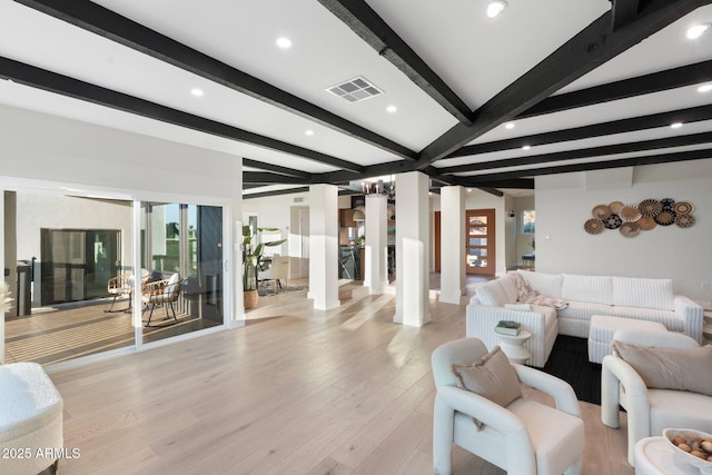 908 W Pershing Ave, Phoenix, AZ 85029 - living area with beam ceiling, light wood-type flooring, healthy amount of natural light, and recessed lighting
