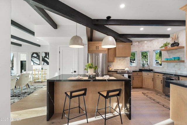 908 W Pershing Ave, Phoenix, AZ 85029 - kitchen with stainless steel appliances, dark countertops, beamed ceiling, decorative backsplash, and a kitchen bar