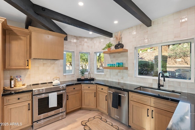 908 W Pershing Ave, Phoenix, AZ 85029 - kitchen with appliances with stainless steel finishes, open shelves, beamed ceiling, tasteful backsplash, and dark countertops