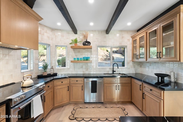 908 W Pershing Ave, Phoenix, AZ 85029 - kitchen featuring appliances with stainless steel finishes, beam ceiling, light wood-type flooring, decorative backsplash, and glass insert cabinets