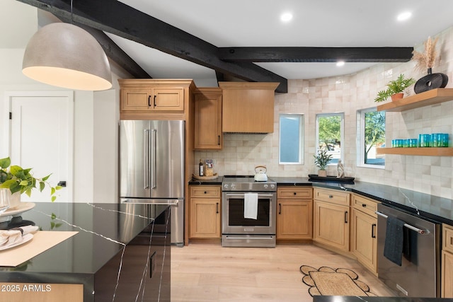 908 W Pershing Ave, Phoenix, AZ 85029 - kitchen featuring stainless steel appliances, open shelves, dark countertops, beam ceiling, and backsplash