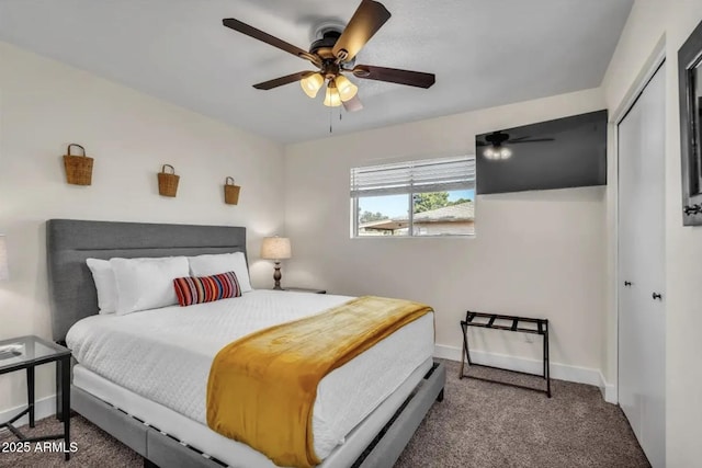 bedroom featuring ceiling fan, a closet, and carpet floors