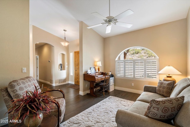 15225 E Golden Eagle Blvd, Fountain Hills, AZ 85268 - living room featuring lofted ceiling, wood finished floors, arched walkways, and a ceiling fan