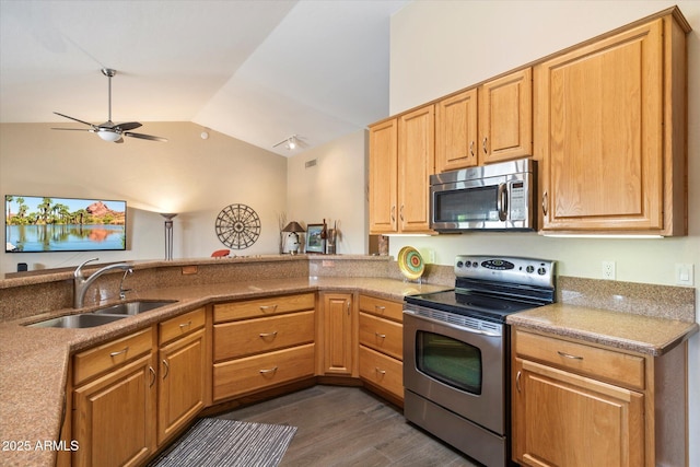 15225 E Golden Eagle Blvd, Fountain Hills, AZ 85268 - kitchen featuring vaulted ceiling, dark wood-style flooring, a sink, a ceiling fan, and appliances with stainless steel finishes