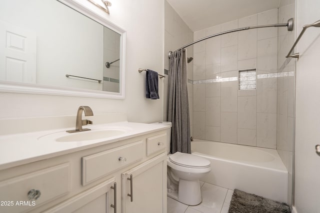 bathroom featuring toilet, shower / bath combination with curtain, and vanity