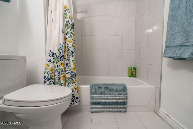 full bath featuring shower / tub combo with curtain, marble finish floor, and toilet
