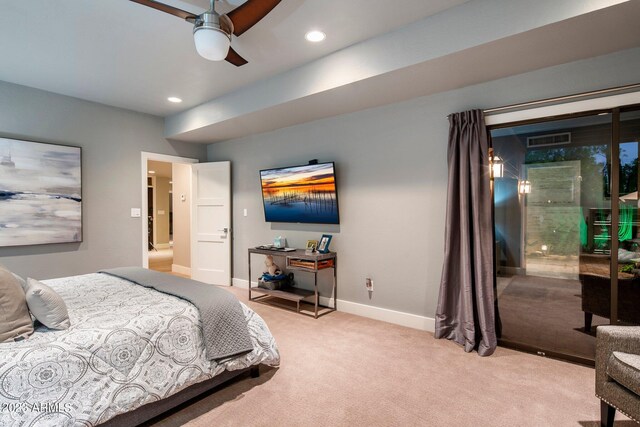 bedroom featuring ceiling fan, access to outside, and light carpet