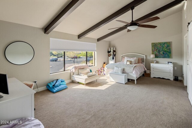 bedroom featuring ceiling fan, light carpet, and vaulted ceiling with beams