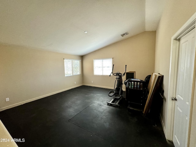 workout room featuring lofted ceiling