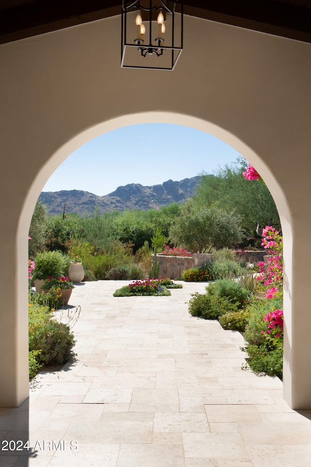 view of patio featuring a mountain view