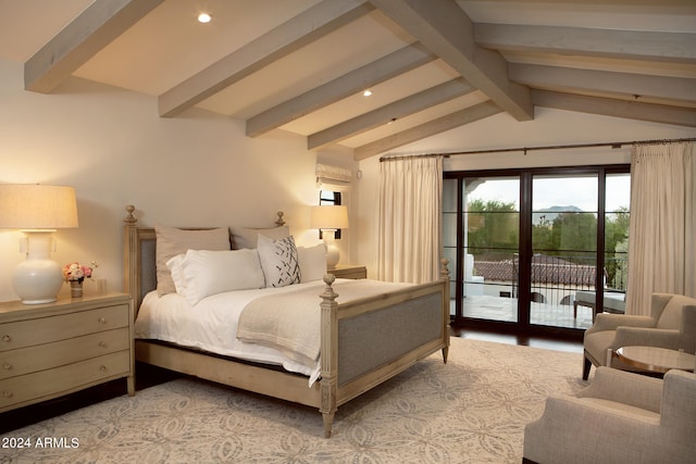 bedroom with lofted ceiling with beams and access to outside