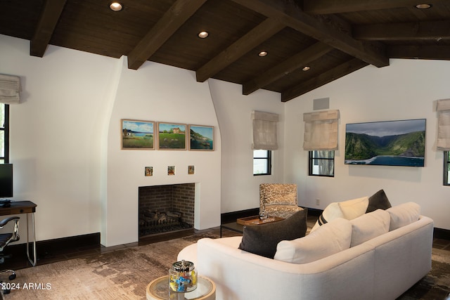 living room featuring dark wood-type flooring, lofted ceiling with beams, and wooden ceiling