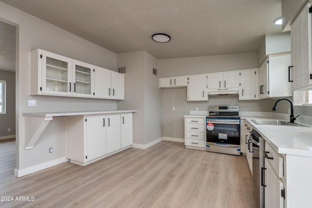 kitchen with white cabinetry, sink, light hardwood / wood-style floors, and appliances with stainless steel finishes