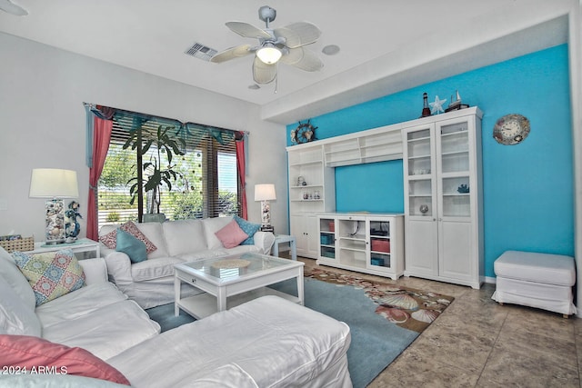 living room featuring ceiling fan