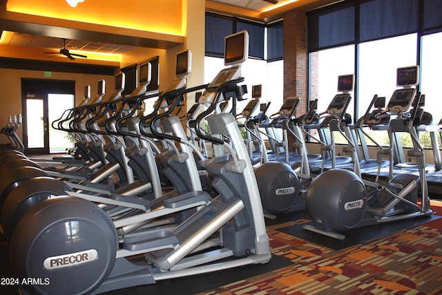 gym featuring ceiling fan and carpet floors