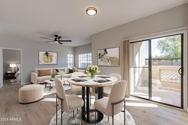 dining room featuring light hardwood / wood-style floors and ceiling fan