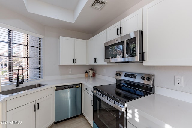 kitchen featuring a raised ceiling, appliances with stainless steel finishes, white cabinetry, light wood-type flooring, and sink