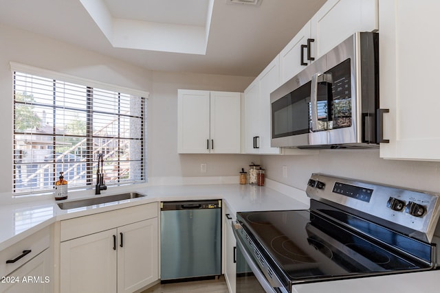 kitchen featuring white cabinetry, a tray ceiling, stainless steel appliances, and sink