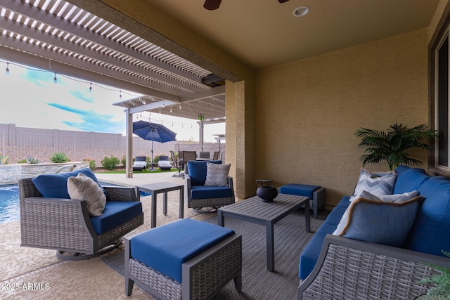 view of patio / terrace featuring an outdoor living space and a pergola