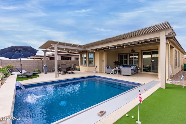 view of swimming pool featuring an outdoor living space, a patio area, and pool water feature