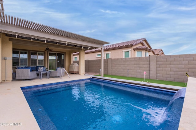 view of pool featuring pool water feature, outdoor lounge area, ceiling fan, a grill, and a patio