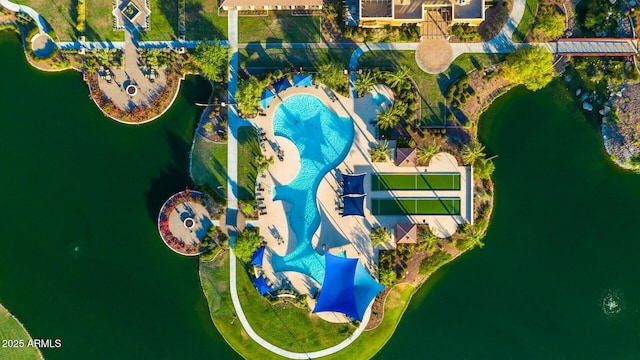 bird's eye view with a water view