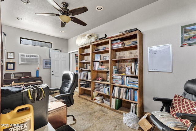 home office featuring a wall unit AC, a ceiling fan, and recessed lighting