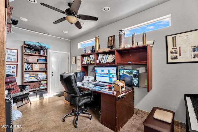 office space featuring recessed lighting and a ceiling fan