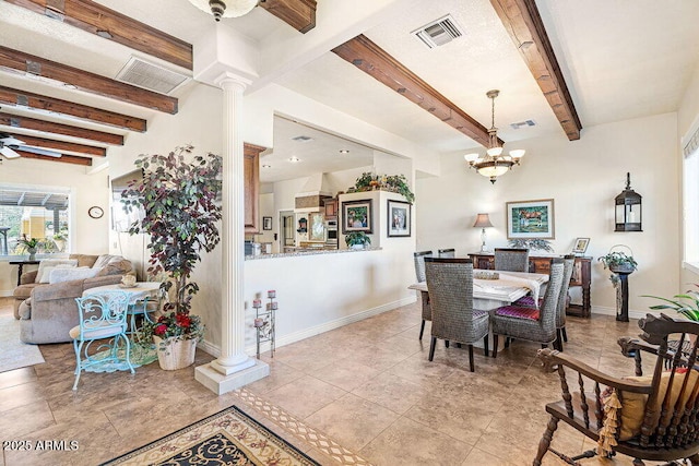 dining space with visible vents, baseboards, decorative columns, and beam ceiling