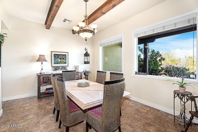 tiled dining space with baseboards, visible vents, beamed ceiling, and a notable chandelier