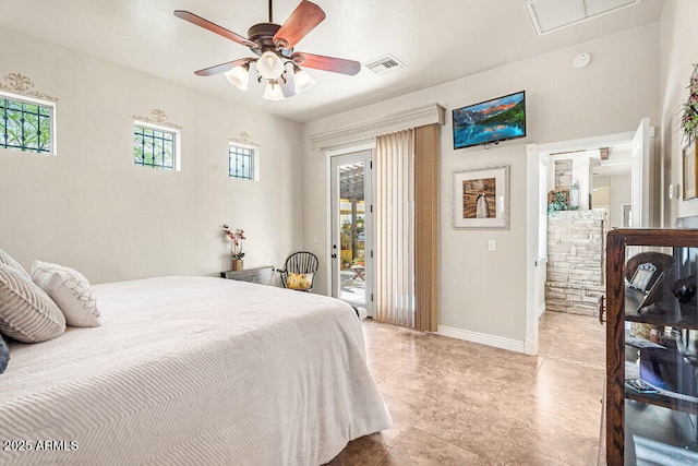 tiled bedroom featuring baseboards, visible vents, ceiling fan, and access to exterior