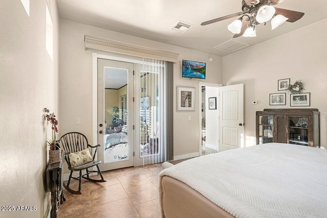bedroom with visible vents, baseboards, ceiling fan, access to outside, and light tile patterned floors