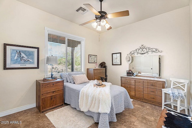 bedroom featuring visible vents, baseboards, and ceiling fan