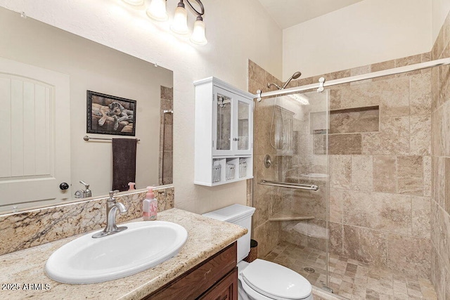full bathroom featuring vanity, toilet, and a stall shower