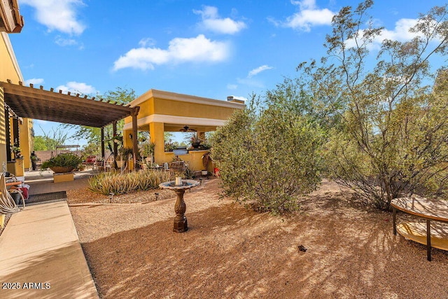 view of yard featuring a ceiling fan and a patio area