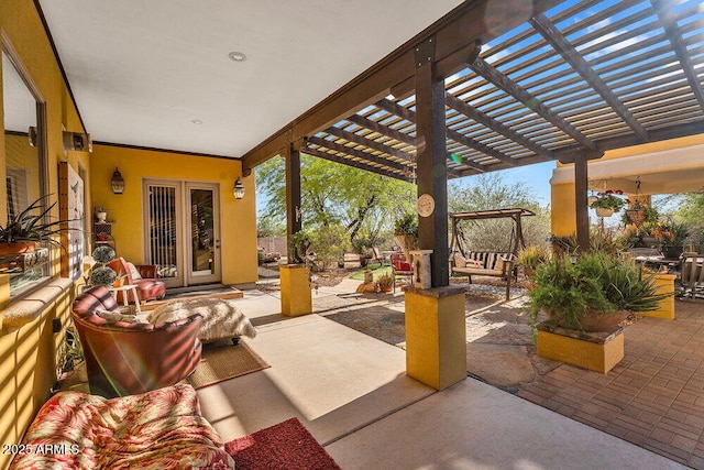 view of patio / terrace featuring outdoor dining area, french doors, a pergola, and an outdoor hangout area