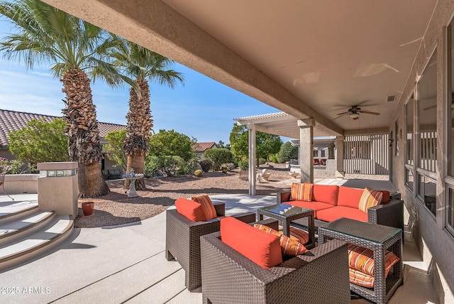 view of patio / terrace featuring ceiling fan and an outdoor hangout area