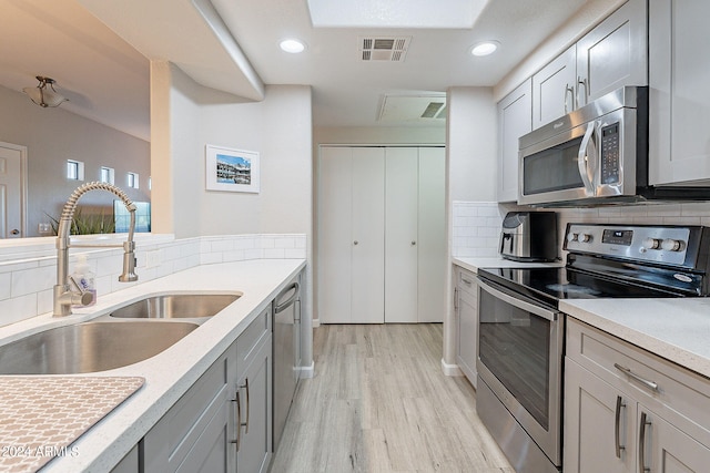 kitchen with gray cabinets, light hardwood / wood-style floors, sink, backsplash, and appliances with stainless steel finishes