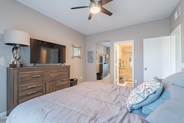 bedroom with ceiling fan, electric panel, and ensuite bathroom