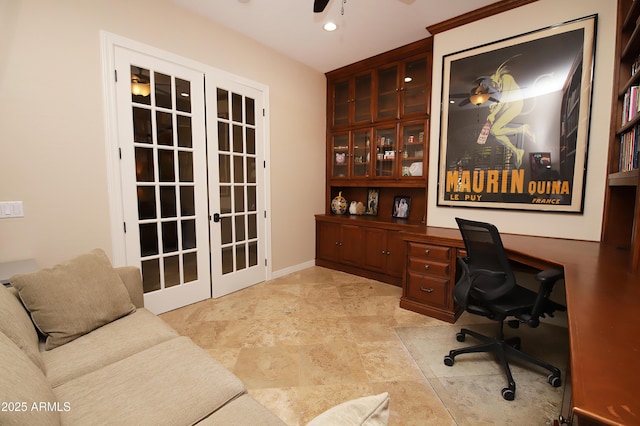 office area featuring ceiling fan, french doors, and baseboards