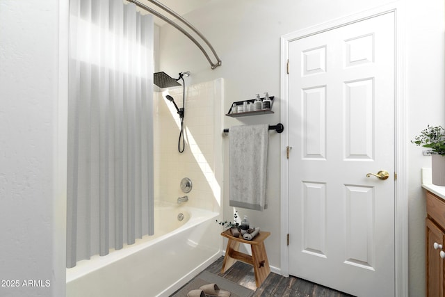 2641 E Brooks St, Gilbert, AZ 85296 - bathroom featuring wood finished floors, shower / tub combo, and vanity