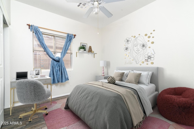 2641 E Brooks St, Gilbert, AZ 85296 - bedroom with baseboards, ceiling fan, wood finished floors, and visible vents