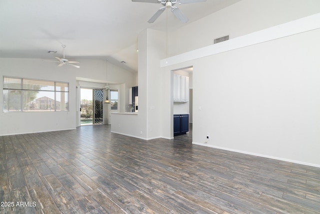 2641 E Brooks St, Gilbert, AZ 85296 - unfurnished living room with baseboards, ceiling fan, dark wood-type flooring, and visible vents