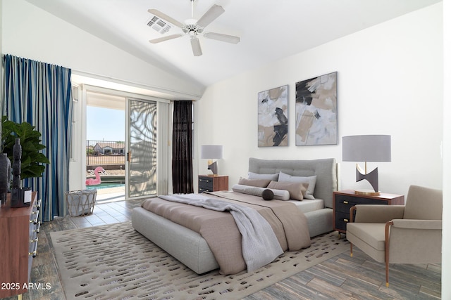 2641 E Brooks St, Gilbert, AZ 85296 - bedroom featuring visible vents, wood finished floors, access to outside, a ceiling fan, and vaulted ceiling