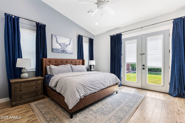 4132 N 42nd St, Phoenix, AZ 85018 - bedroom featuring french doors, vaulted ceiling, access to outside, light wood-style floors, and a ceiling fan
