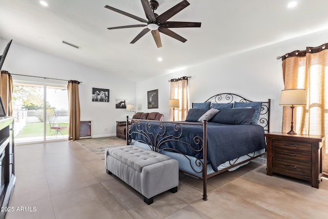 bedroom featuring vaulted ceiling, recessed lighting, visible vents, and a ceiling fan