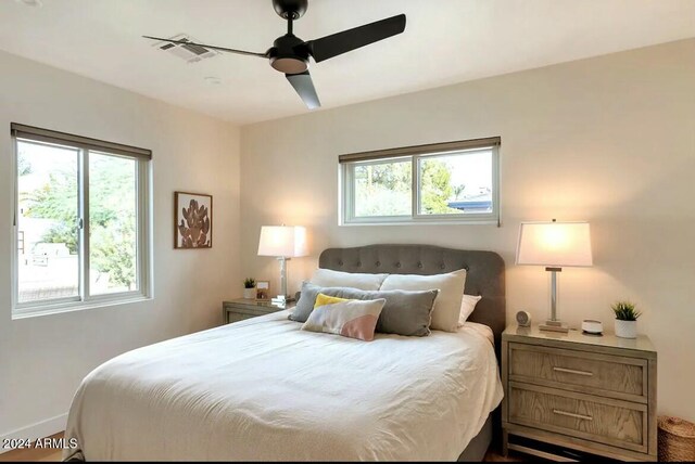 bedroom with multiple windows and ceiling fan