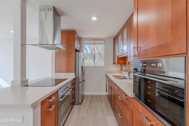 kitchen featuring baseboards, a sink, island range hood, light wood-style floors, and appliances with stainless steel finishes