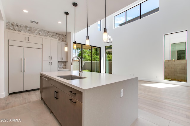 100 W Northern Ave Unit 12, Phoenix, AZ 85021 - kitchen featuring paneled refrigerator, visible vents, hanging light fixtures, a sink, and light countertops